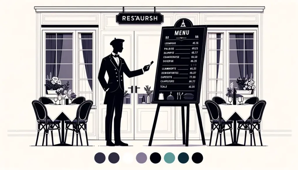 Ilustración de un camarero interactuando con un menú en pizarra en un restaurante francés