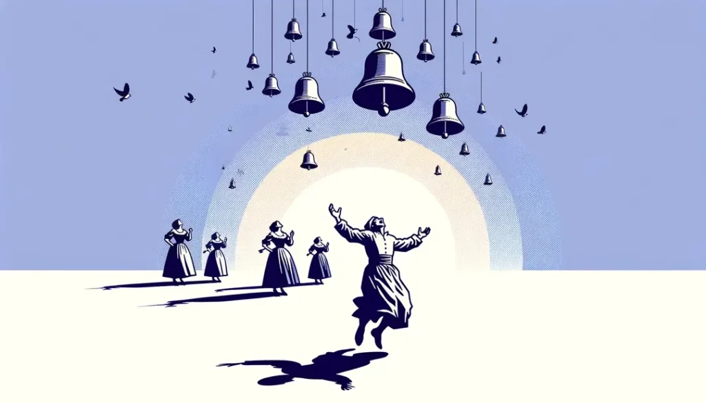 Imagen minimalista de campanas volantes y figura humana en celebración tradicional francesa