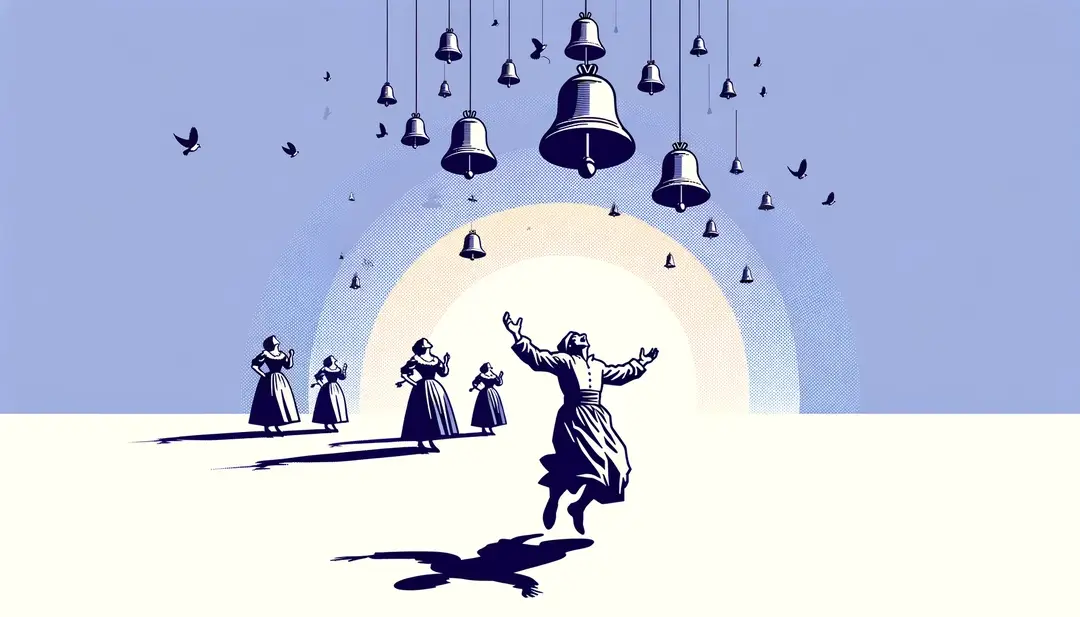 Imagen minimalista de campanas volantes y figura humana en celebración tradicional francesa