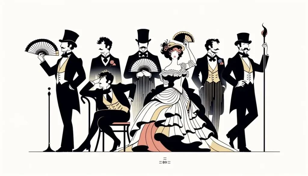 Ilustración minimalista de la fusión teatral entre Vaudeville y Comédie del siglo XIX en Francia