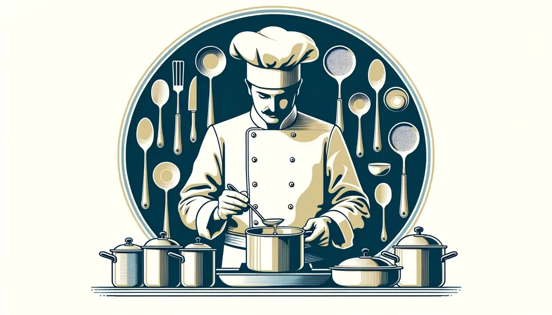Ilustración minimalista de un chef francés en una cocina tradicional preparando una salsa aterciopelada