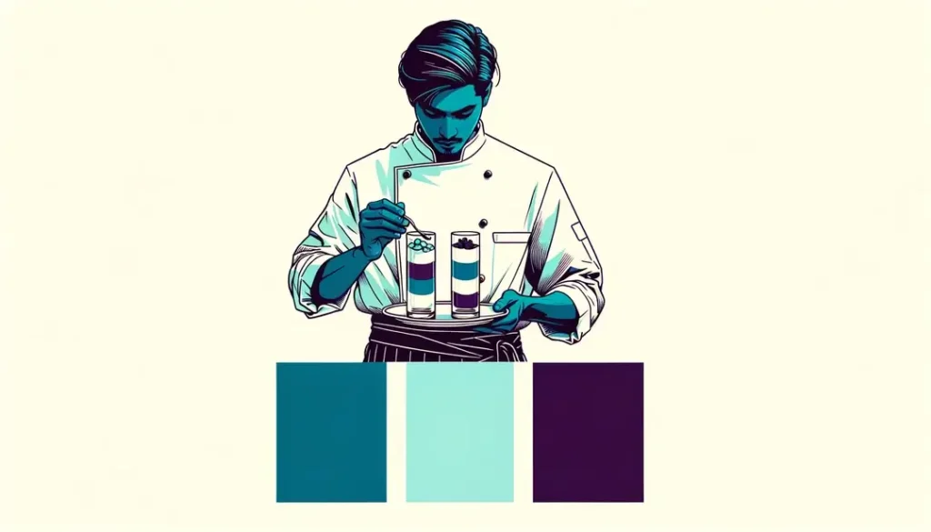 Ilustración de verrines gourmet en capas con un chef francés
