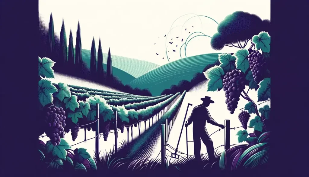 Ilustración del viñedo biodinámico en Francia con un agricultor cosechando uvas