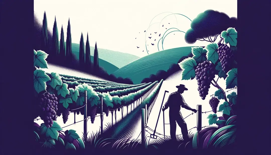 Ilustración del viñedo biodinámico en Francia con un agricultor cosechando uvas