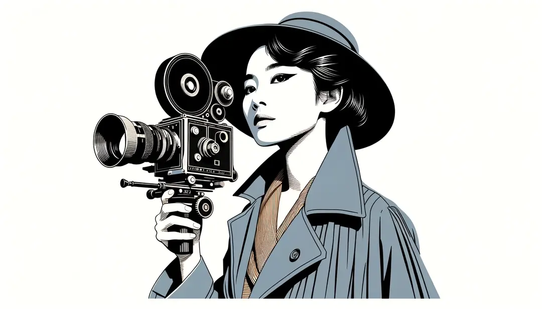Ilustración de una cineasta femenina con cámara vintage