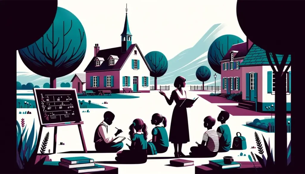 Ilustración minimalista de un profesor interactuando con niños en un entorno rural francés