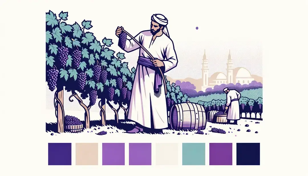 Ilustración minimalista de un viñedo con figura humana mostrando tradiciones ancestrales
