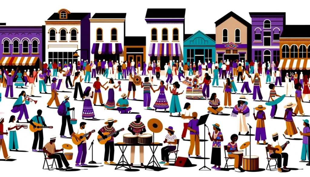 Ilustración de personas disfrutando de un festival de música en un pueblo pequeño con un estilo minimalista y fondo blanco