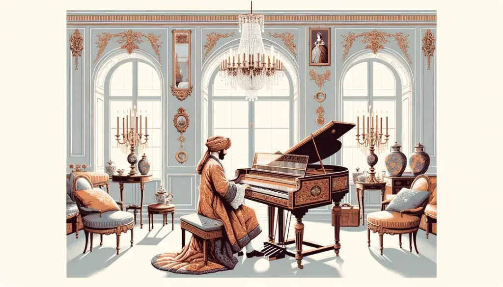 Ilustración minimalista de una aristócrata francesa tocando una spinetta en un salón noble del siglo XVII