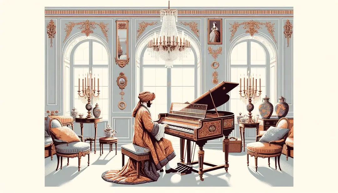Ilustración minimalista de una aristócrata francesa tocando una spinetta en un salón noble del siglo XVII