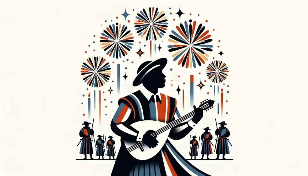 Escena de un festival medieval con trovador y fuegos artificiales en estilo minimalista