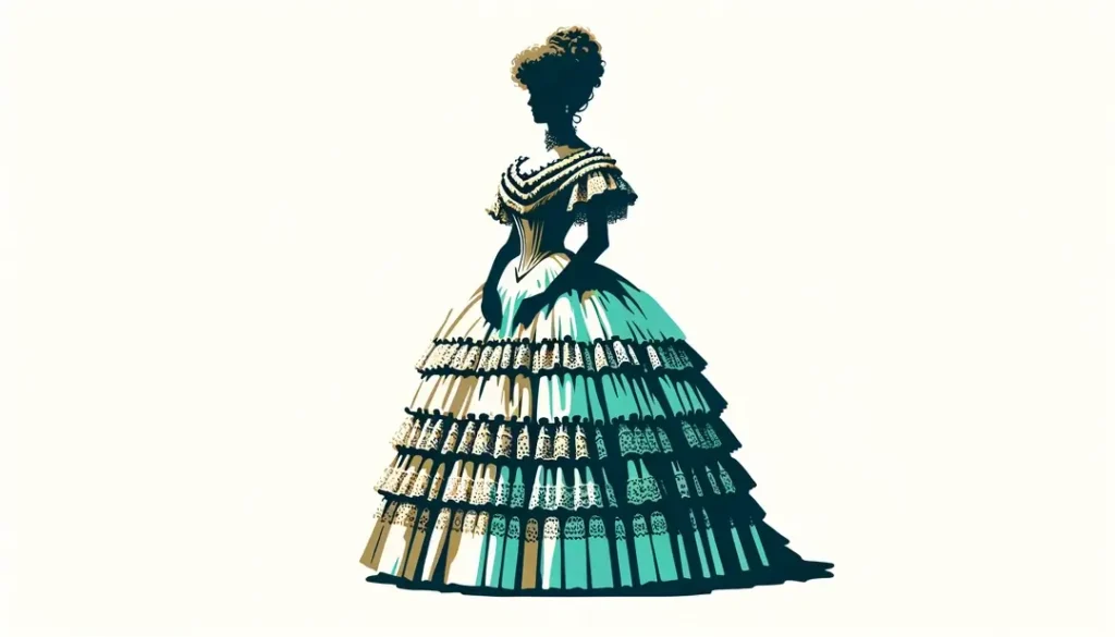 Ilustración minimalista de una mujer del siglo XIX con moda inspirada en el Segundo Imperio francés