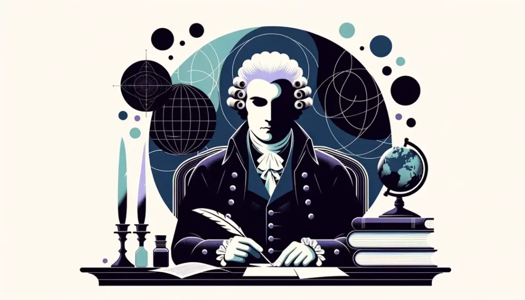 Ilustración de Voltaire reflexionando en su estudio
