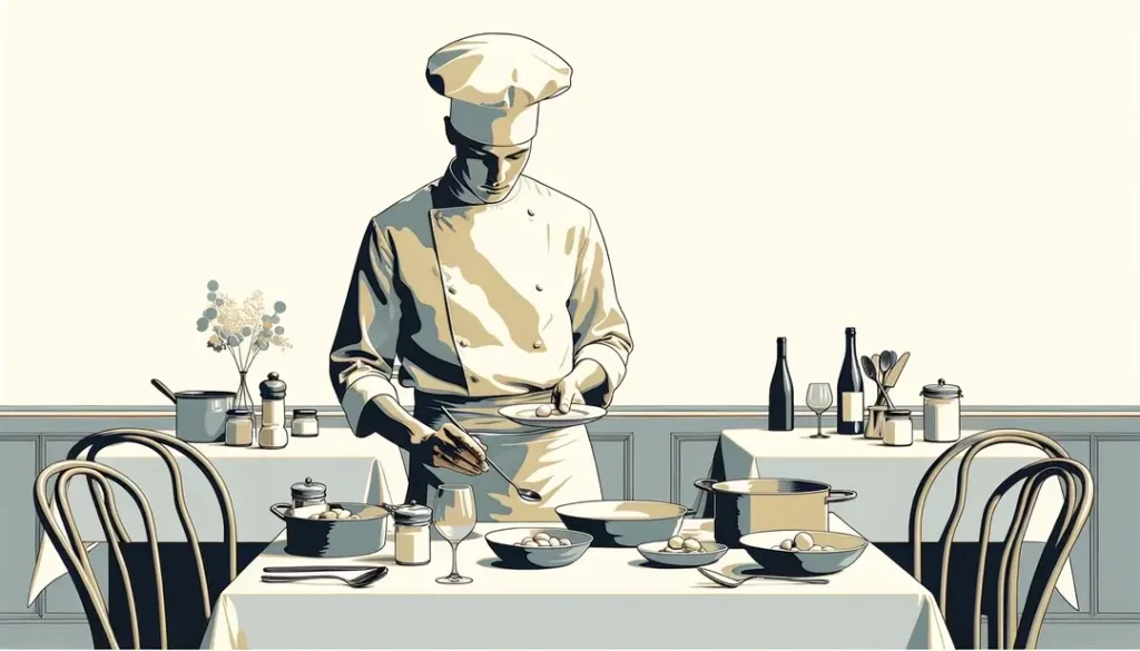 Chef francés en un bistró minimalista con platos cuidadosamente dispuestos