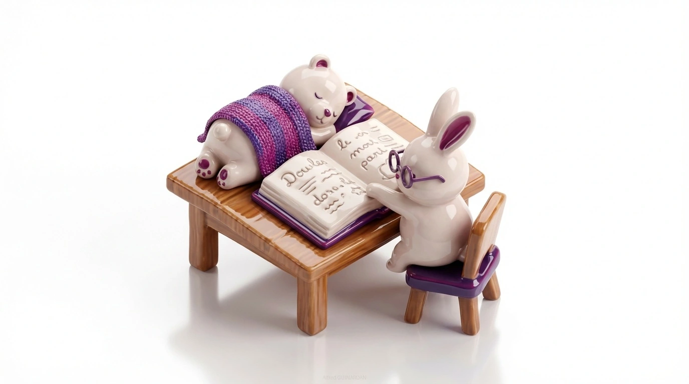 Escritorio de madera para curso de francés A2 con un libro abierto mostrando palabras y garabatos. Un adorable conejito de porcelana con gafas señala el texto, mientras un osito de porcelana duerme acurrucado sobre el lomo del libro con una pequeña manta.
