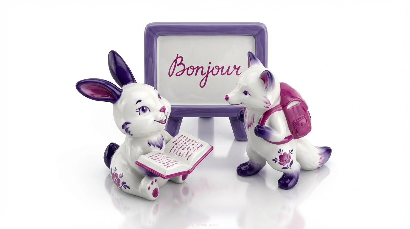 Imagen de un curso de francés A1 para hispanohablantes: Un conejito de porcelana con un libro de francés abierto saluda a un zorrito con mochila. Detrás, una pizarra con "Bonjour" introduce la lección de Saludos y Presentaciones en francés.